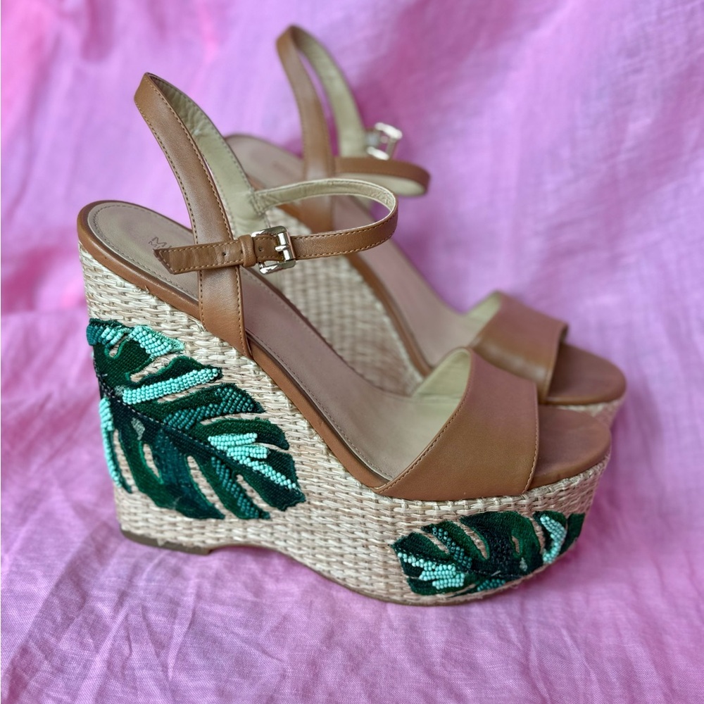Michael Kors Green and Brown Wedge Sandals with Tropical Print